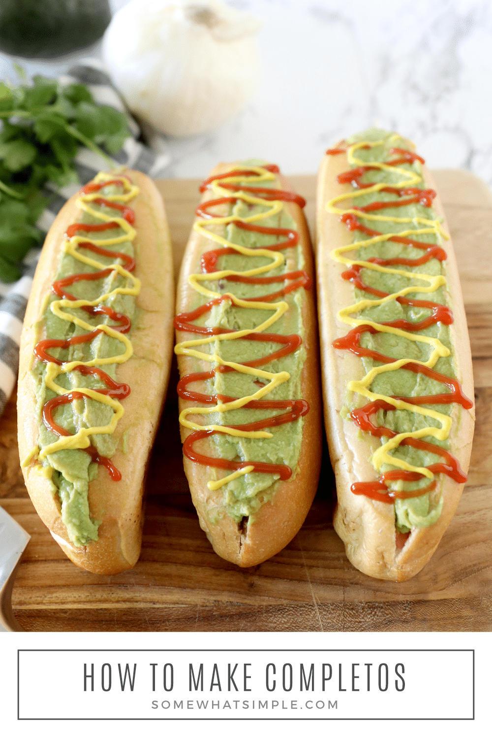 Chilean-style hot dogs called completos are filled with several delicious toppings. Completos are loaded with diced tomatoes and onions, fresh avocado, ketchup and mustard. You'll never eat a hot dog the same way again. via @somewhatsimple