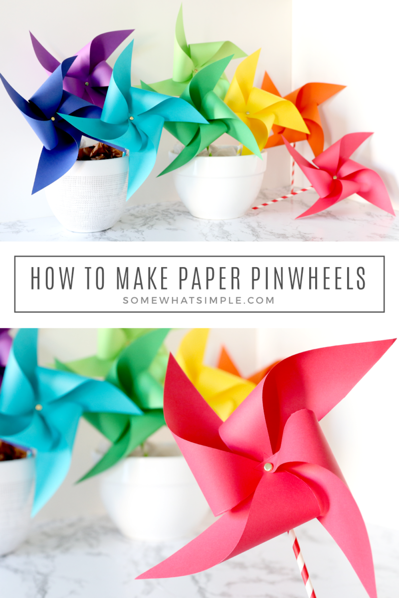 Collage of paper pinwheels in rainbow colors