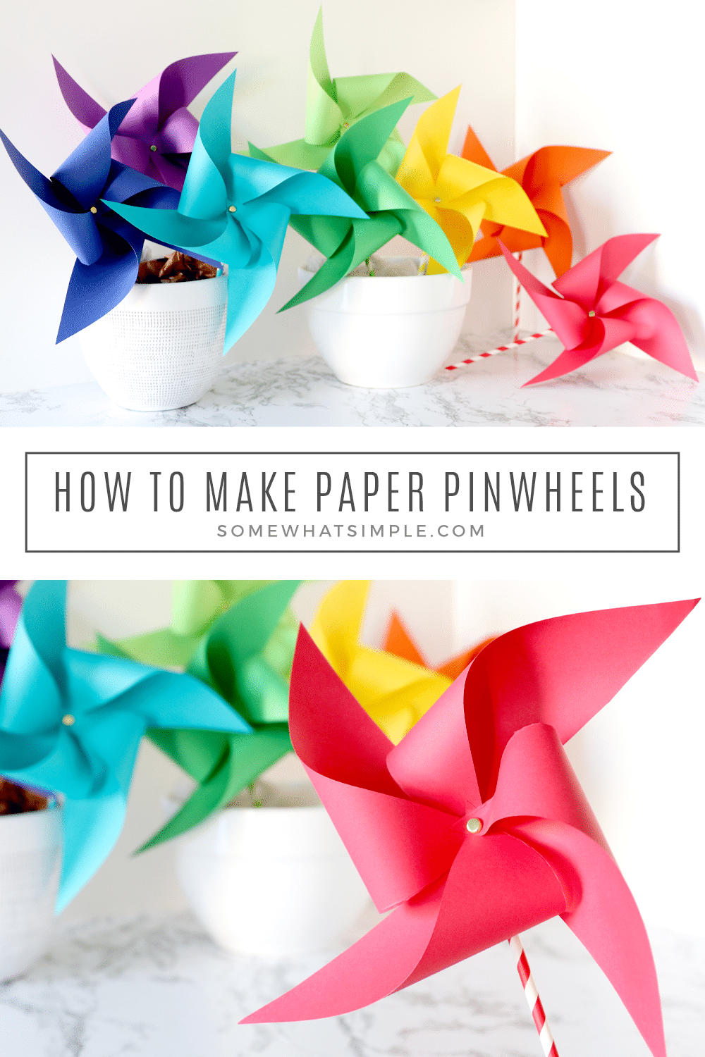 Ready for a fun craft that can be made in minutes? Here's how to make paper pinwheels for your next craft day, party or special celebration! via @somewhatsimple