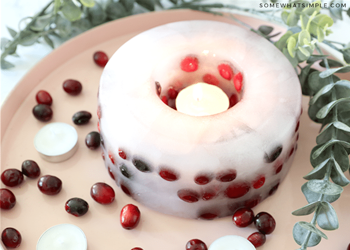 ice candle made from an angel food cake pan on aa tray with cranberries