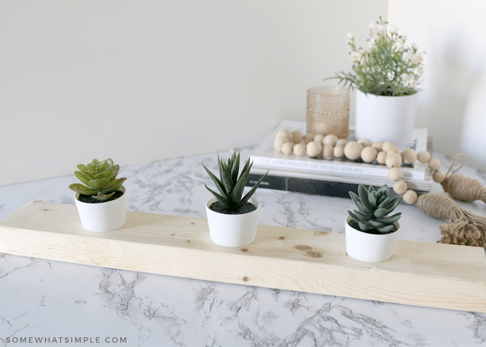 wood plant stand with 3 succulents inside