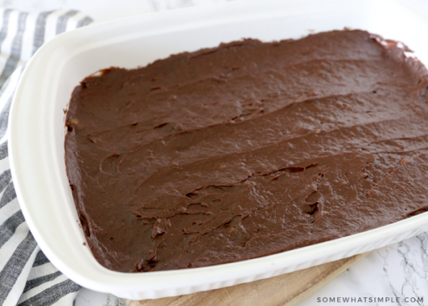 baked brownies in a white pan