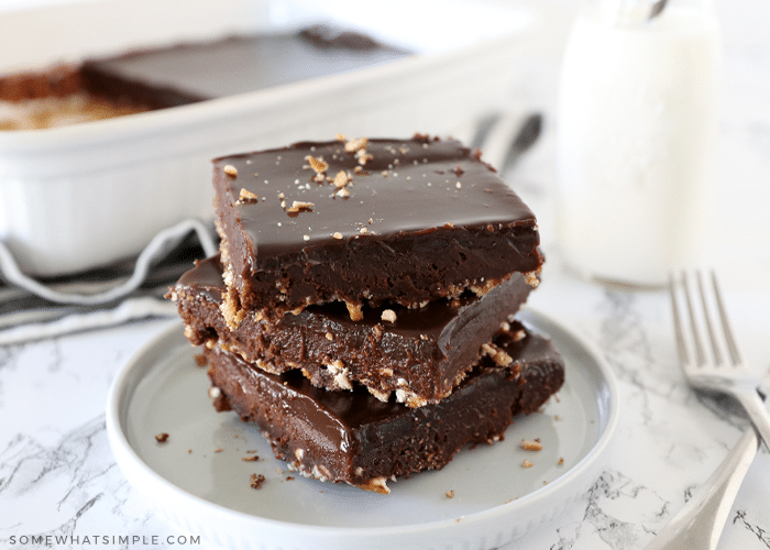 pretzel brownies on a white  plate