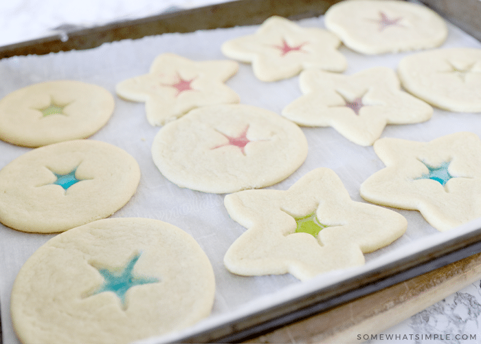 thick stained glass cookies on a baking sheet