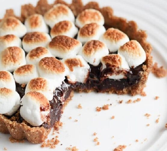 smores tart on a white plate