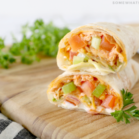 buffalo chicken wraps cut in half and stacked on top of each other