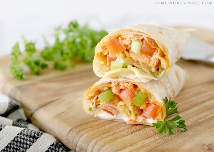 buffalo chicken wraps cut in half and stacked on top of each other