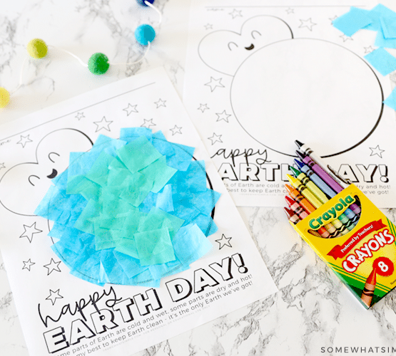earth day craft with tissue paper and crayons