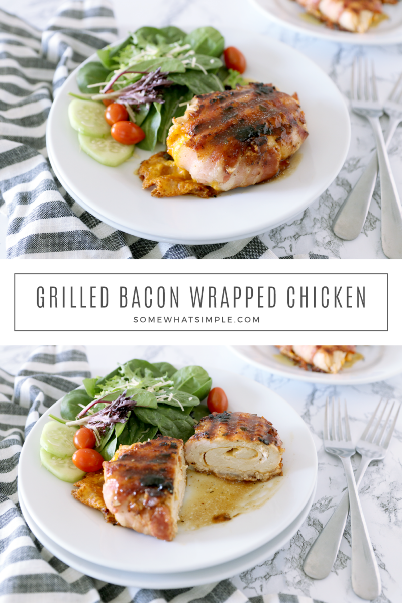 collage of pictures showing a grilled chicken breast wrapped in bacon