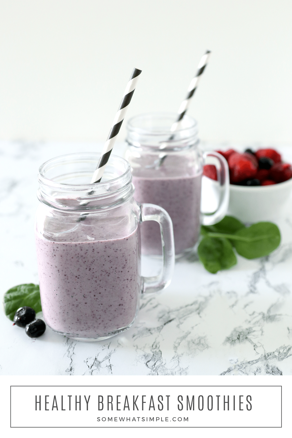 Breakfast Smoothies are healthy breakfast options that are perfect to enjoy on busy mornings. They are deliciously filling and so simple to make! via @somewhatsimple