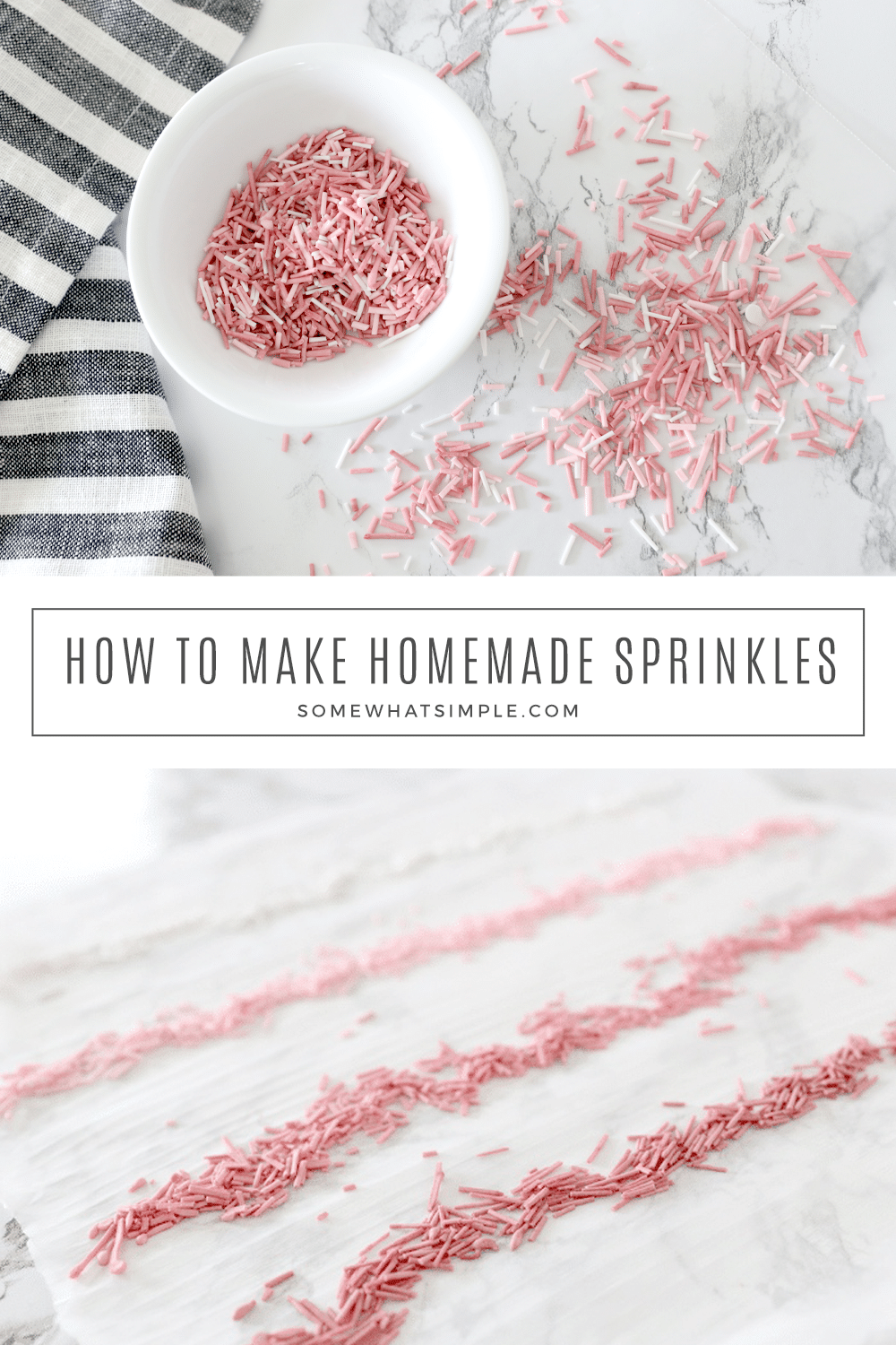 Learn how to make homemade sprinkles for all your baked goods with this tasty recipe and simple tutorial! via @somewhatsimple