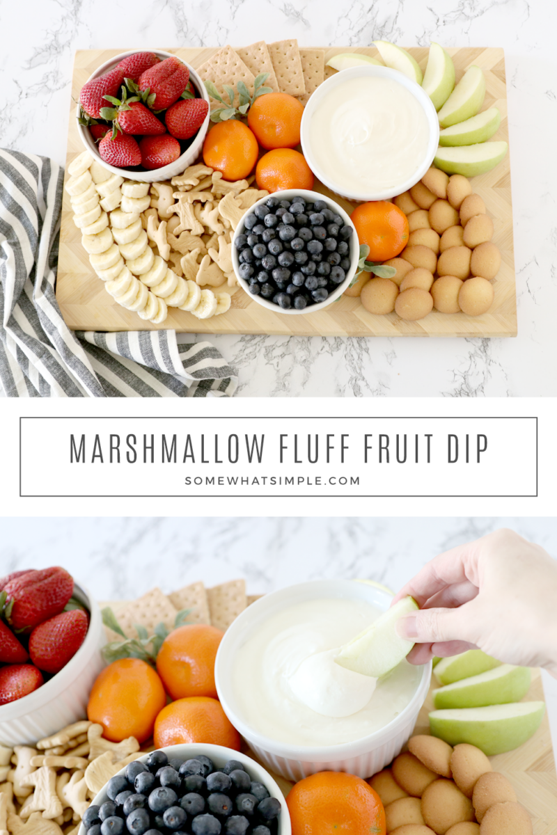 collage of marshmallow fluff fruit dip