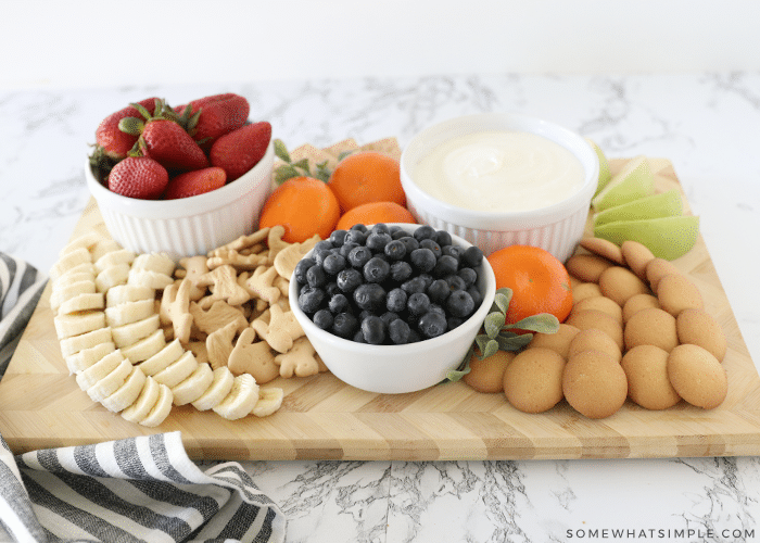 marshmallow cream dip on a charcuterie board