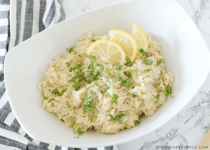 parmesan risotto in a white bowl