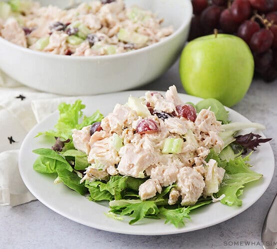 waldorf chicken salad on a white plate
