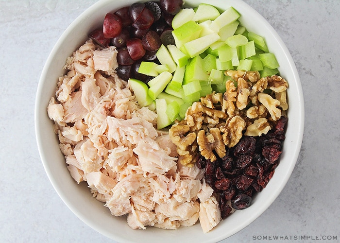 bowl of chicken salad with nutds, cranberries and green apples