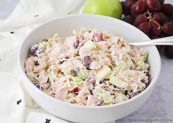 waldorf chicken salad in a white bowl