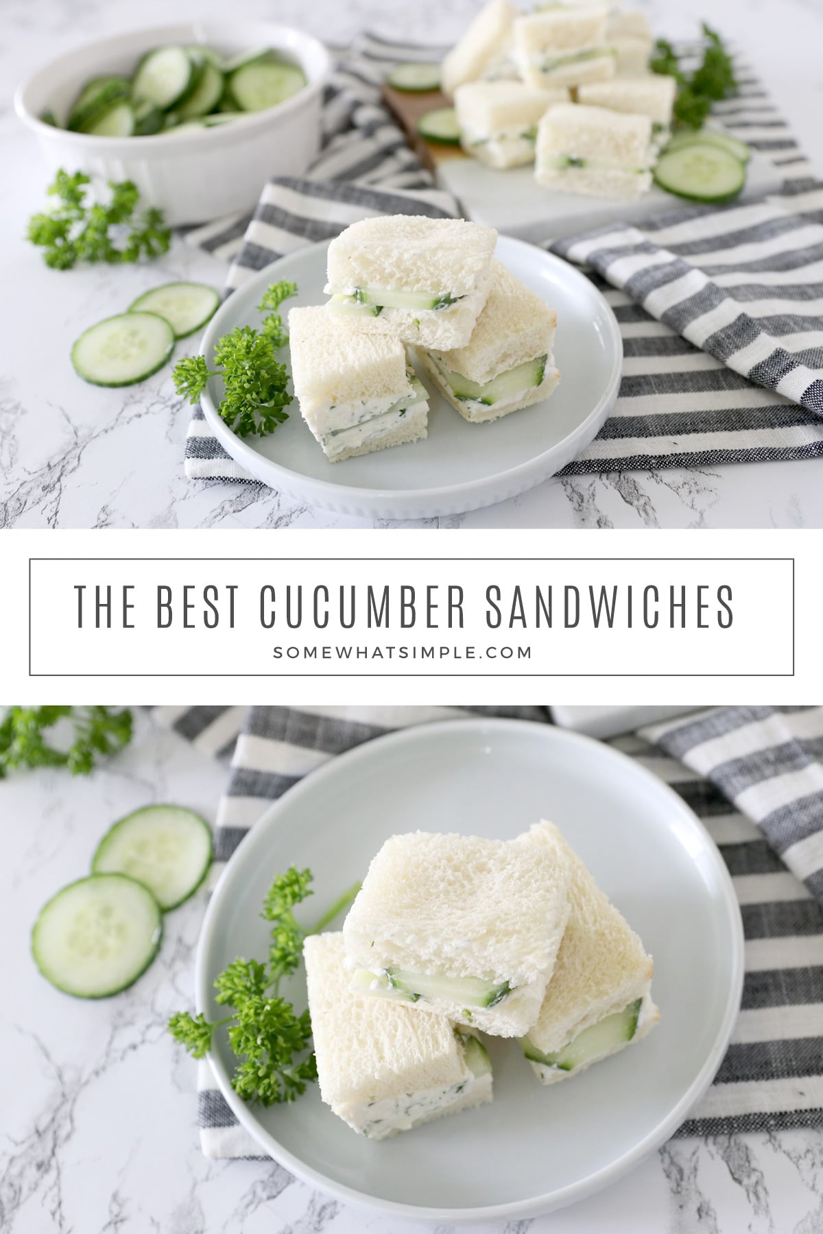 Cucumber Sandwiches are a fancy little finger food that tastes refreshing and delicious! They're perfect for tea parties, luncheons, and picnics, and they could not be any easier to make! via @somewhatsimple