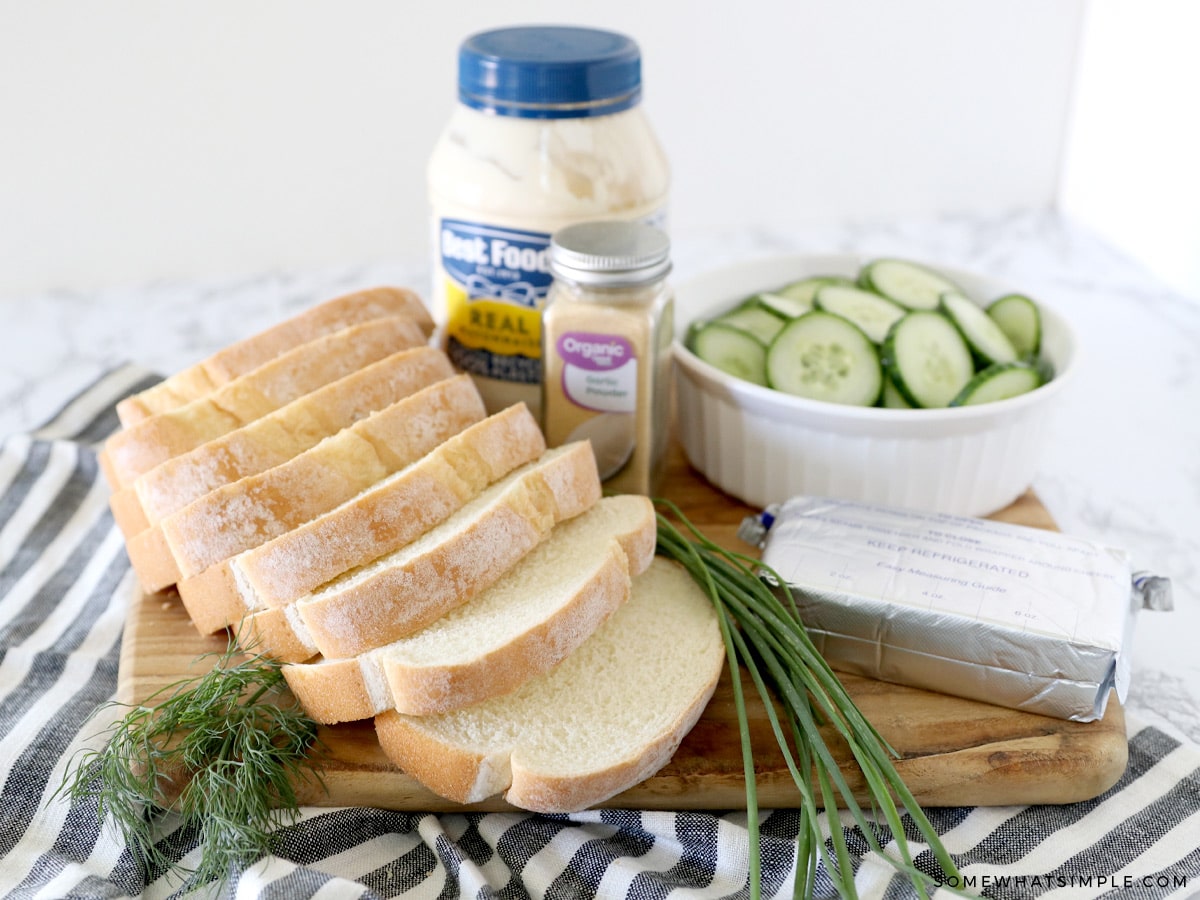 ingredients on the counter for cucumber sandwiches