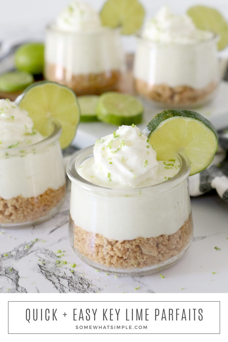 close up of 4 finished key lime parfaits