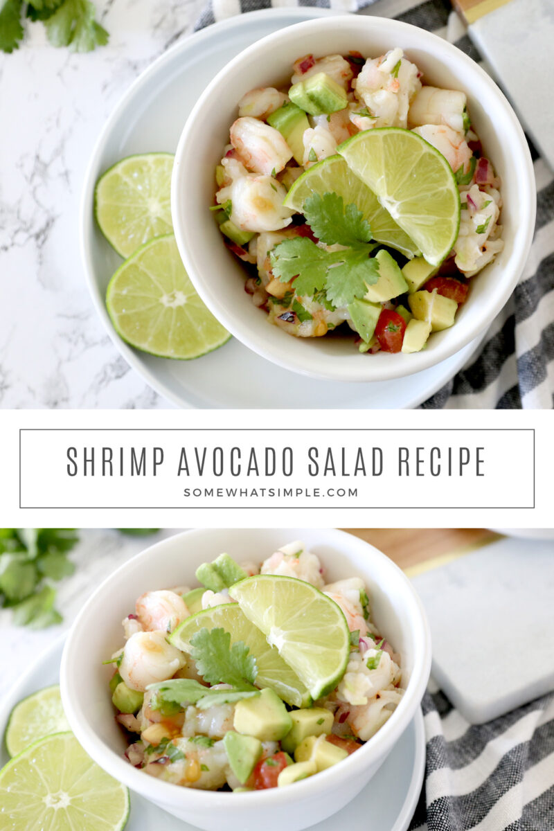 collage of pictures of shrimp avocado salad