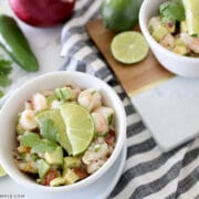 white bowl with shrimp avocado salad