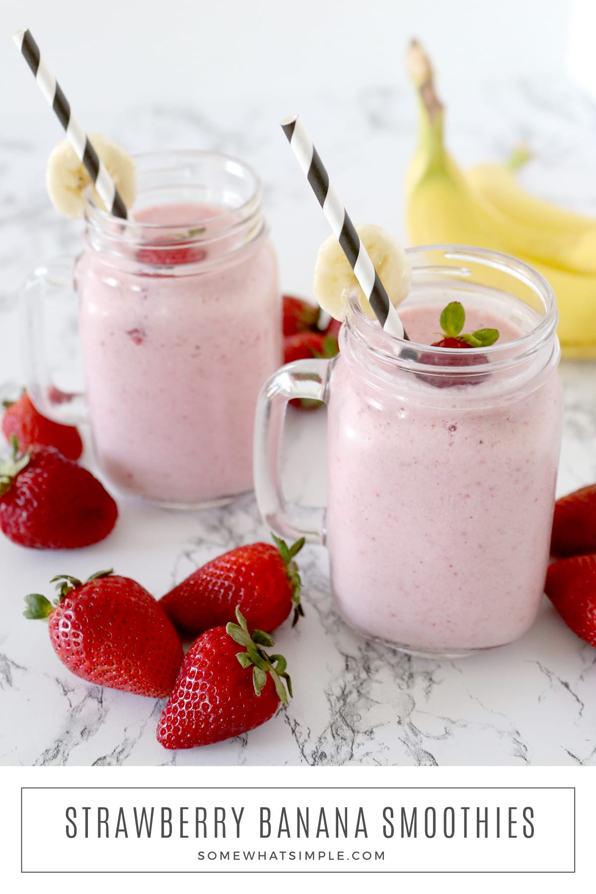 This Strawberry Banana Smoothie is simple, sweet, and fresh! Who knew 4 ingredients could taste so delicious?! via @somewhatsimple