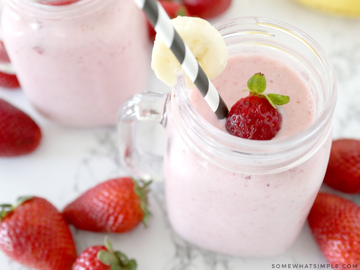 top view of a strawberry banana smoothie