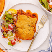 Upside Down Deep Dish Pizza plated with a garden salad