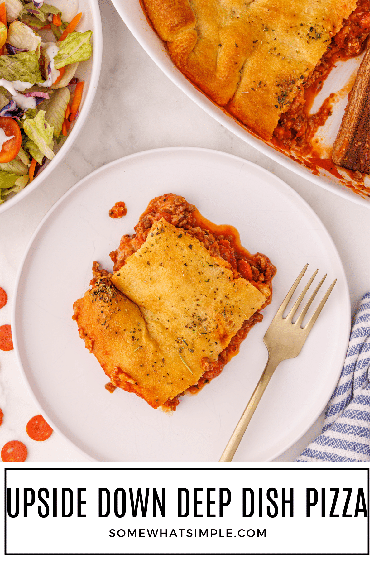 Upside Down Pizza is a simple weeknight dinner that tastes delicious! All your favorite pizza toppings covered in a delicious crust baked to golden perfection! via @somewhatsimple