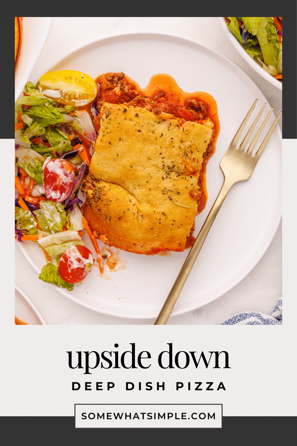 Upside Down Pizza is a simple weeknight dinner that tastes delicious! All your favorite pizza toppings covered in a delicious crust baked to golden perfection! via @somewhatsimple