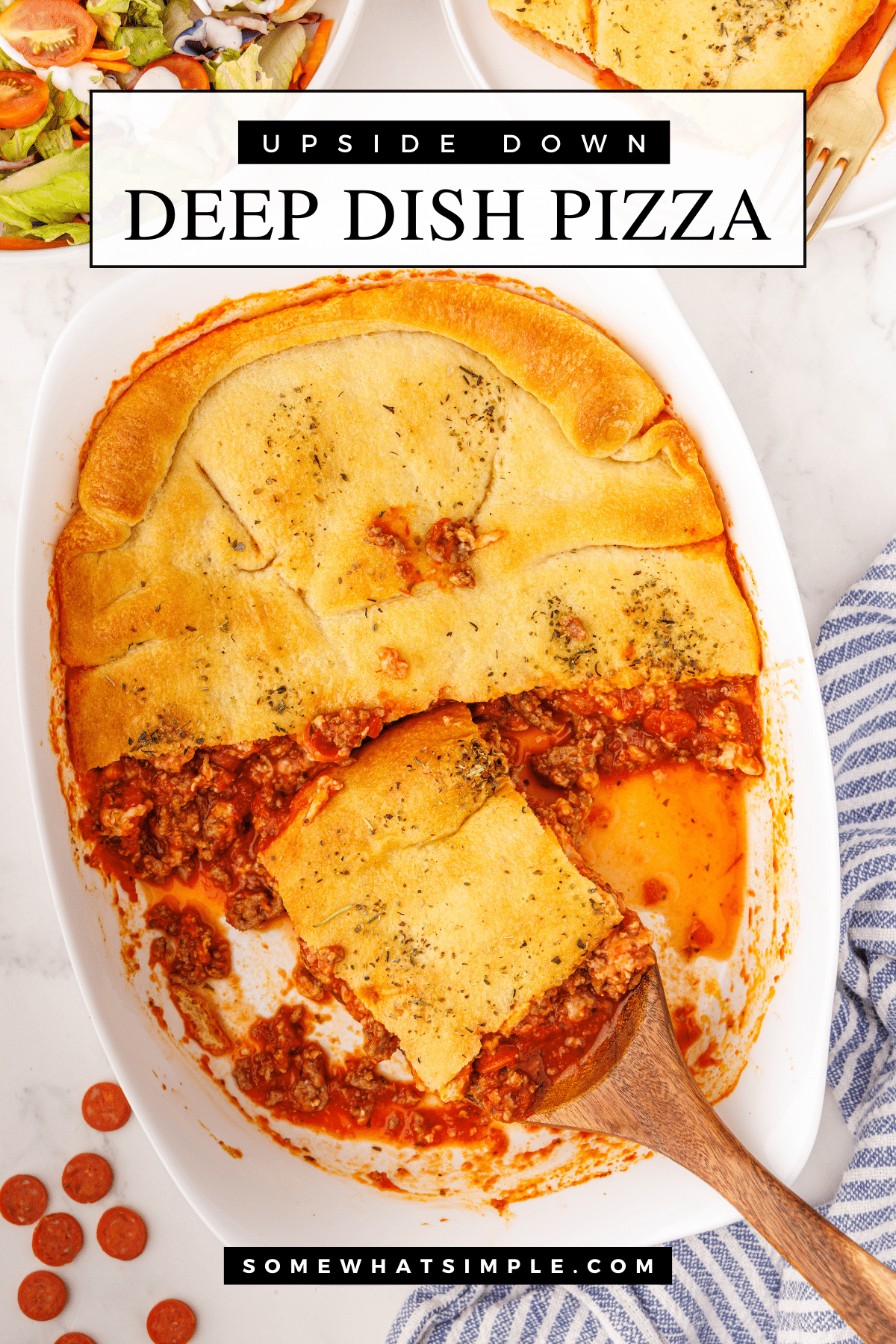 Upside Down Pizza is a simple weeknight dinner that tastes delicious! All your favorite pizza toppings covered in a delicious crust baked to golden perfection! via @somewhatsimple