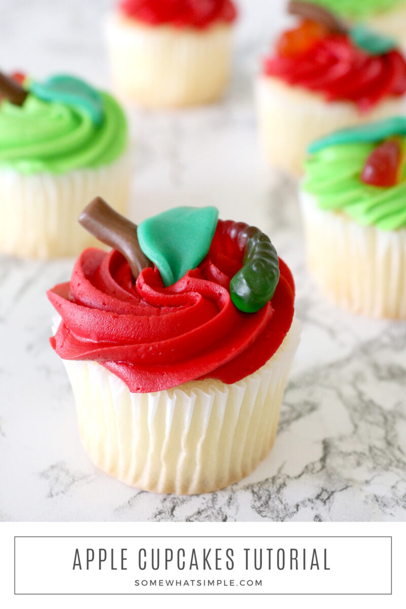 long image of apple cupcakes on a white counter