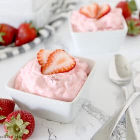 cottage cheese jello salad in white serving dishes