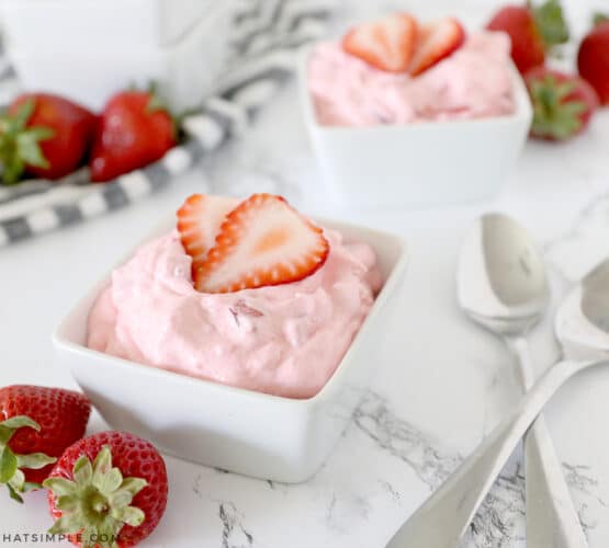 cottage cheese jello salad in white serving dishes