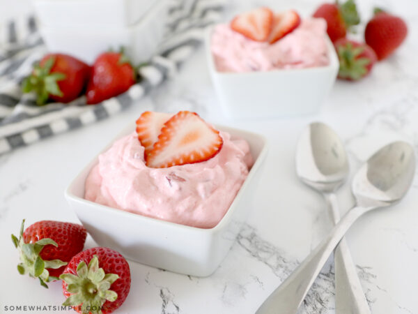 cottage cheese jello salad in white serving dishes