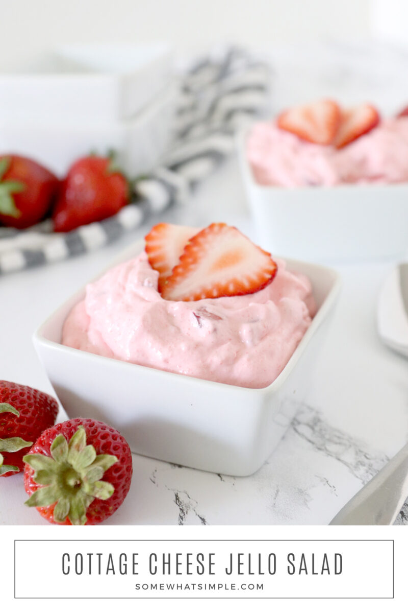 long image of small white dishes filled with pink jello salad
