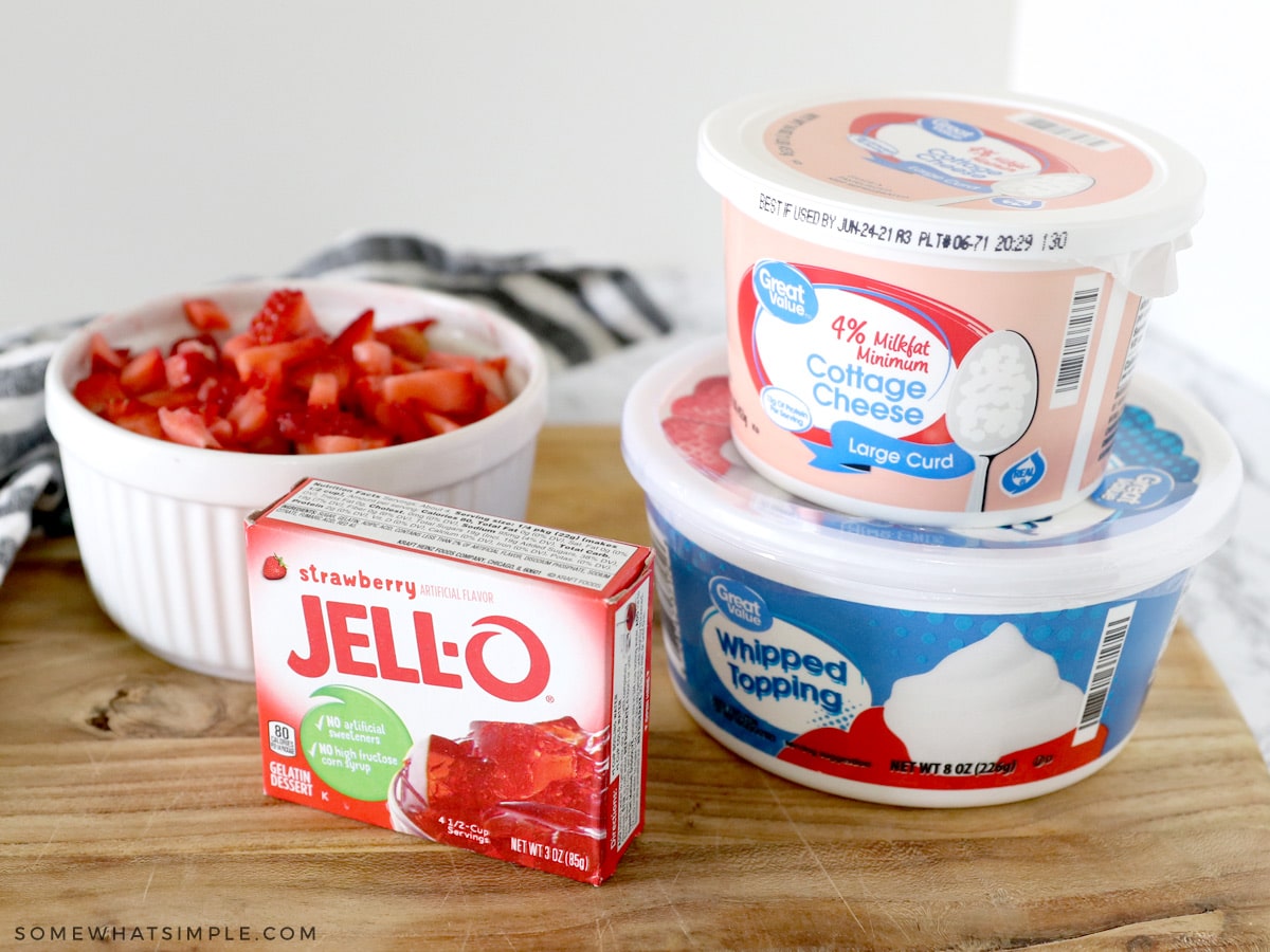 ingredients to make jello salad on a counter