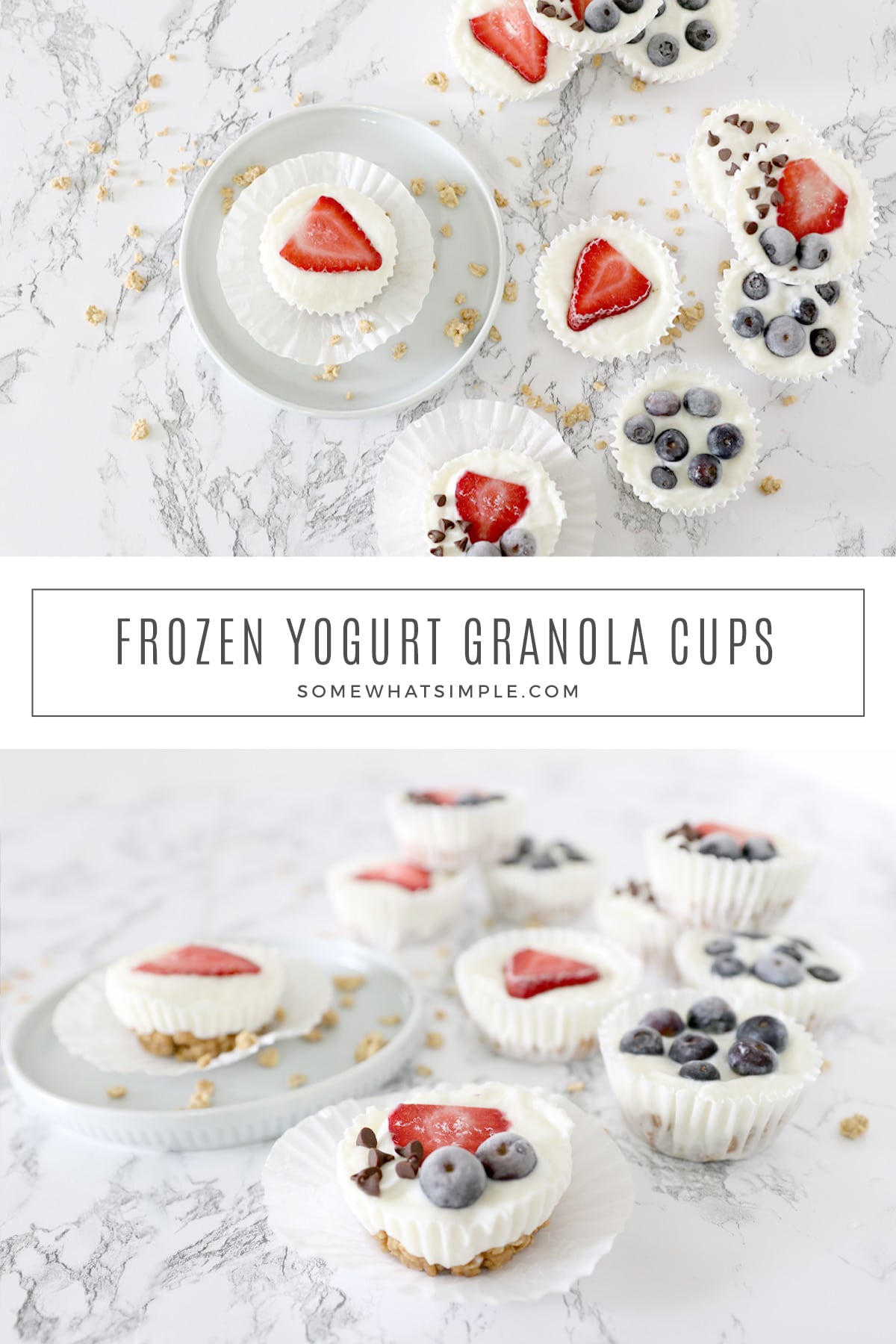 Frozen Yogurt Granola Cups are pretty to look at easy to make! Made with just 5 ingredients, these tasty little treats are a healthy breakfast, snack, or simple dessert! via @somewhatsimple