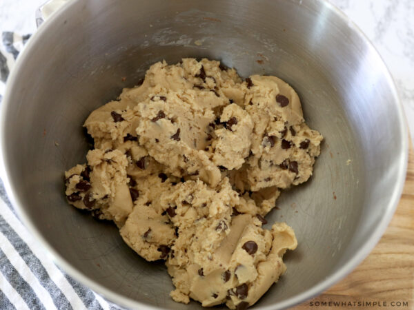 chocolate chip cookie dough in a mixing bowl