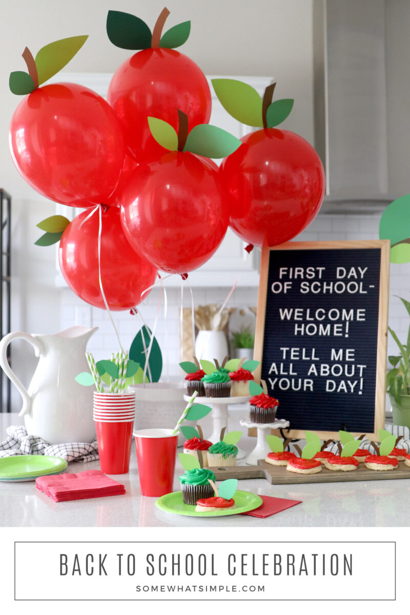 long image of a back to school party set up