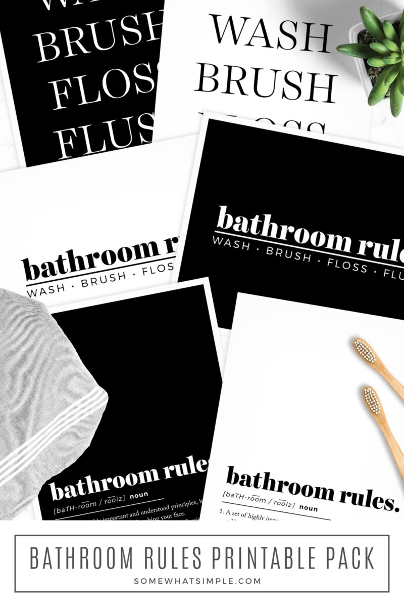 bathroom printables laying on a counter