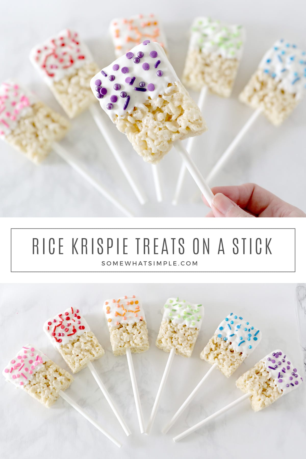 Rice Krispie Treats on a Stick are a fun little treat that are so simple to make! Mix up the toppings to match any celebration for a handheld treat that tastes delicious! via @somewhatsimple