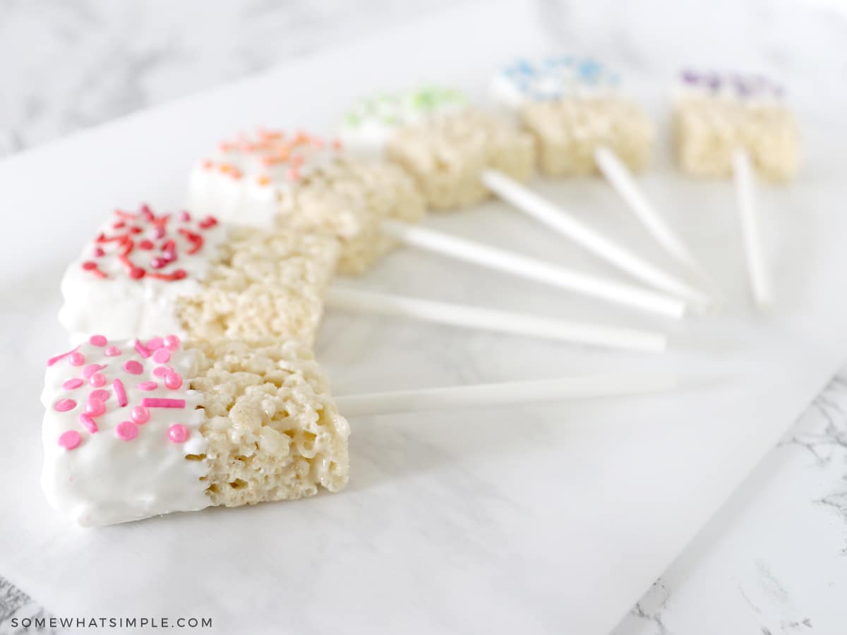 rice krispie treats on a stick paid out in rainbow order