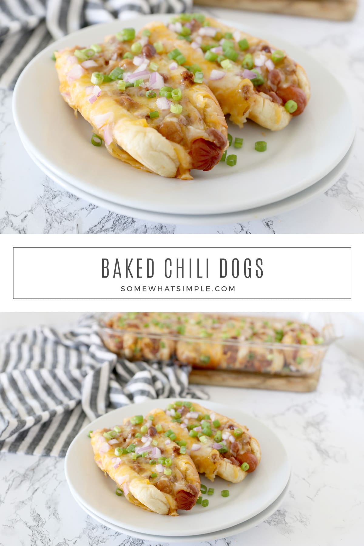 Baked Chili Dogs are fast, easy, and totally delicious! They are the perfect way to feed your family and are a game-day crowd pleaser! via @somewhatsimple