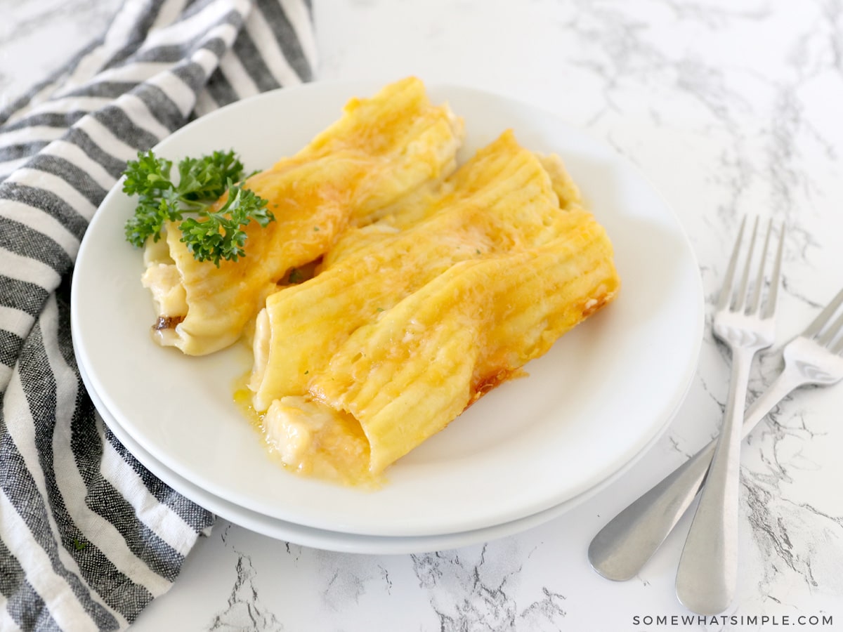 chicken manicotti on a white dinner plate