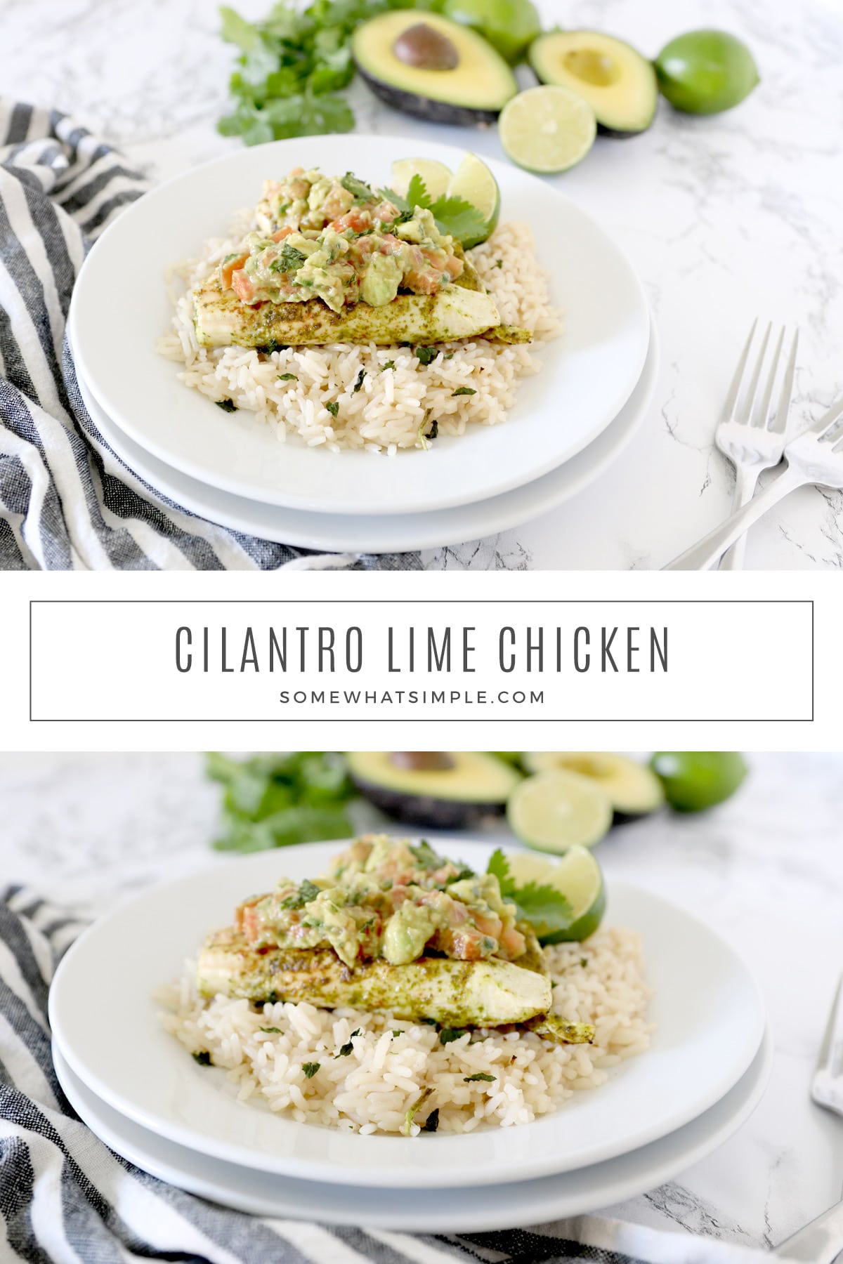 Cilantro Lime Chicken is a healthy dinner that's full of flavor and so easy to make! Top it with a simple Avocado Salsa and you'll have a delicious dinner that looks and tastes absolutely amazing! via @somewhatsimple