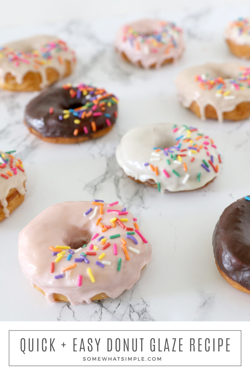 long image of colorful donuts on the counter