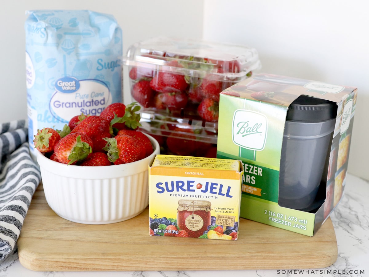 ingredients for strawberry freezer jam