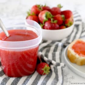 strawberry freezer jam with berries and bread